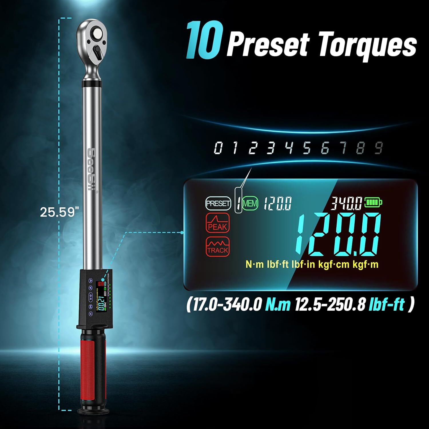 Seesii 1/2" Drive Digital Torque Wrench 12.5-250.8ft-lbs/17-340N.m Reversible