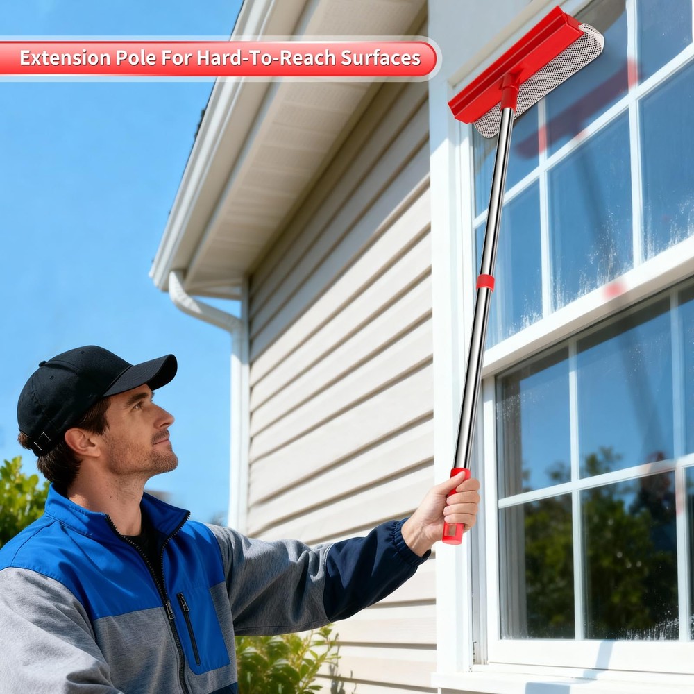 Window Squeegee with 18.5"-28.5" Retractable Handle, 2-in-1 for Red