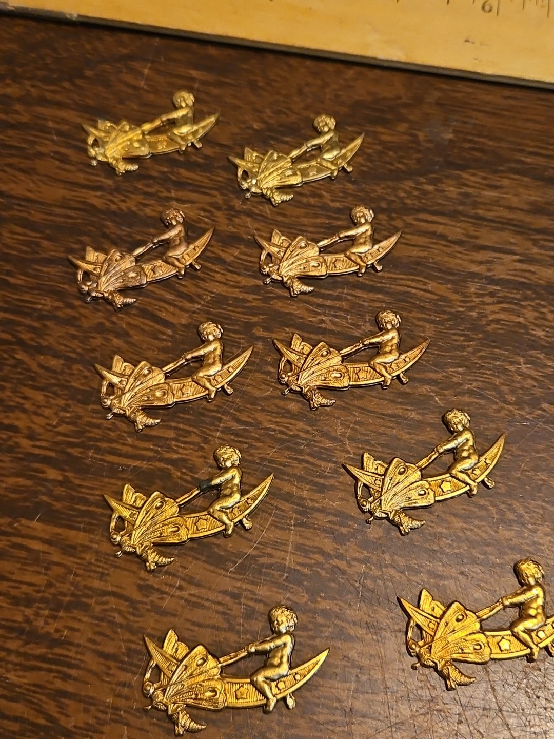Lot Of 10 Cherub Moons France Vintage 60s Brass Stampings Findings Jewelry