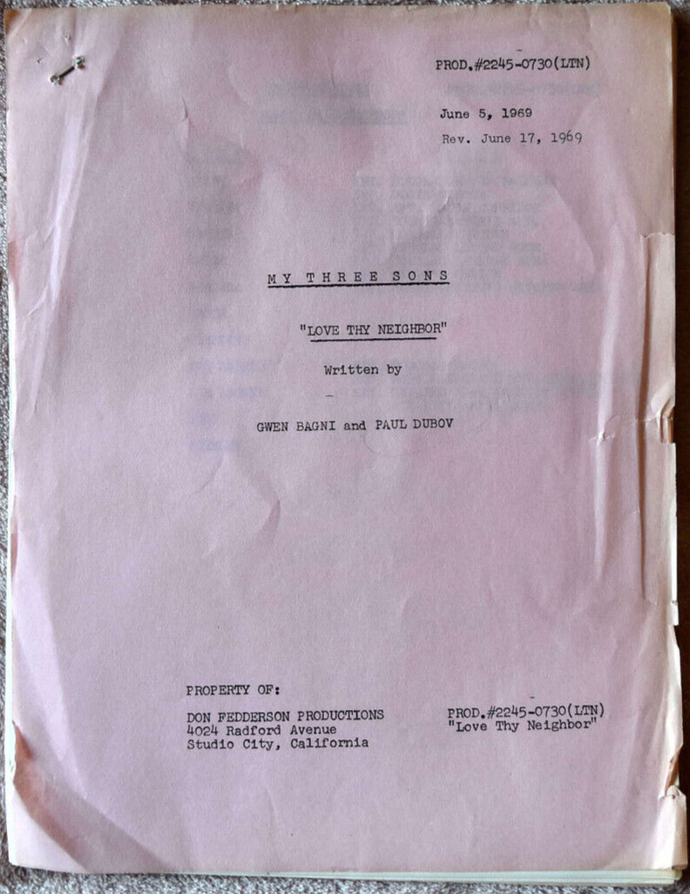 1969 My Three Sons "Love Thy Neighbor"  Original Screenplay Script