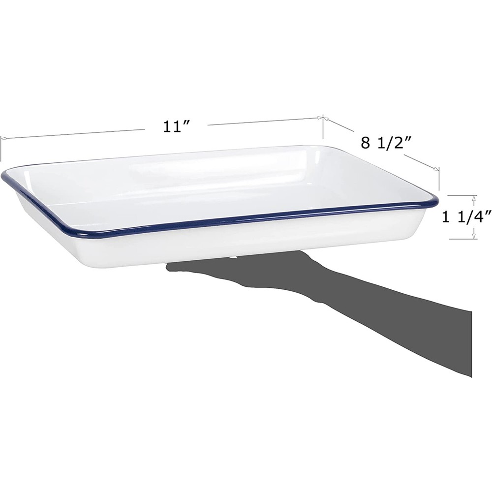 11" x 9" Enamelware Metal 2 Qt Rectangular Serving Tray, White/Navy Blue Rim