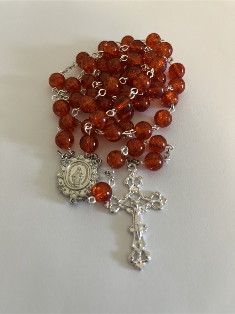 Orange 8mm Crackle Glass Prayer Catholic Rosary Beads