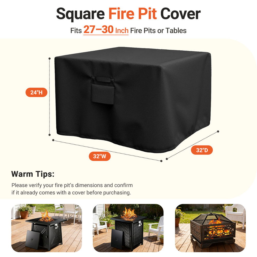 600D Square Fire Pit Cover 32"x32" Waterproof for 28"-32" Table Windproof