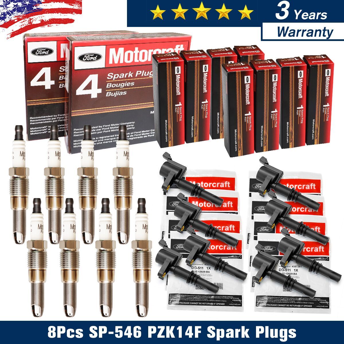 8 pack OEM Genuine DG511 Ignition Coil & Spark Plug SP546 For F150 Ford Lincoln