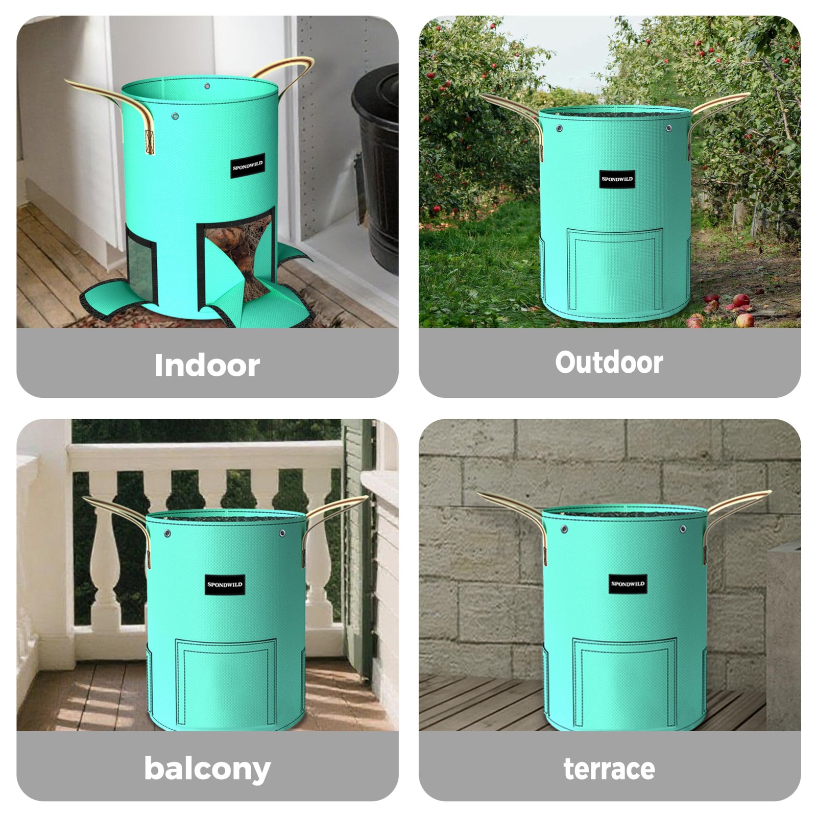 SPONDWILD 4 Pack 15 Gallon Potato Grow Bags, PE Garden 15 gallon, Green