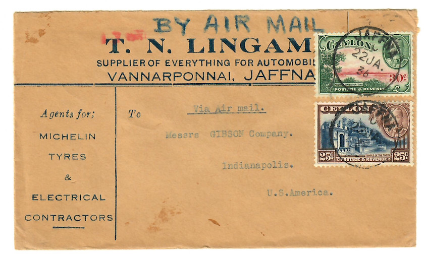 1936 Ceylon Airmail Cover – Michelin Tire Agent to Indianapolis (C025)