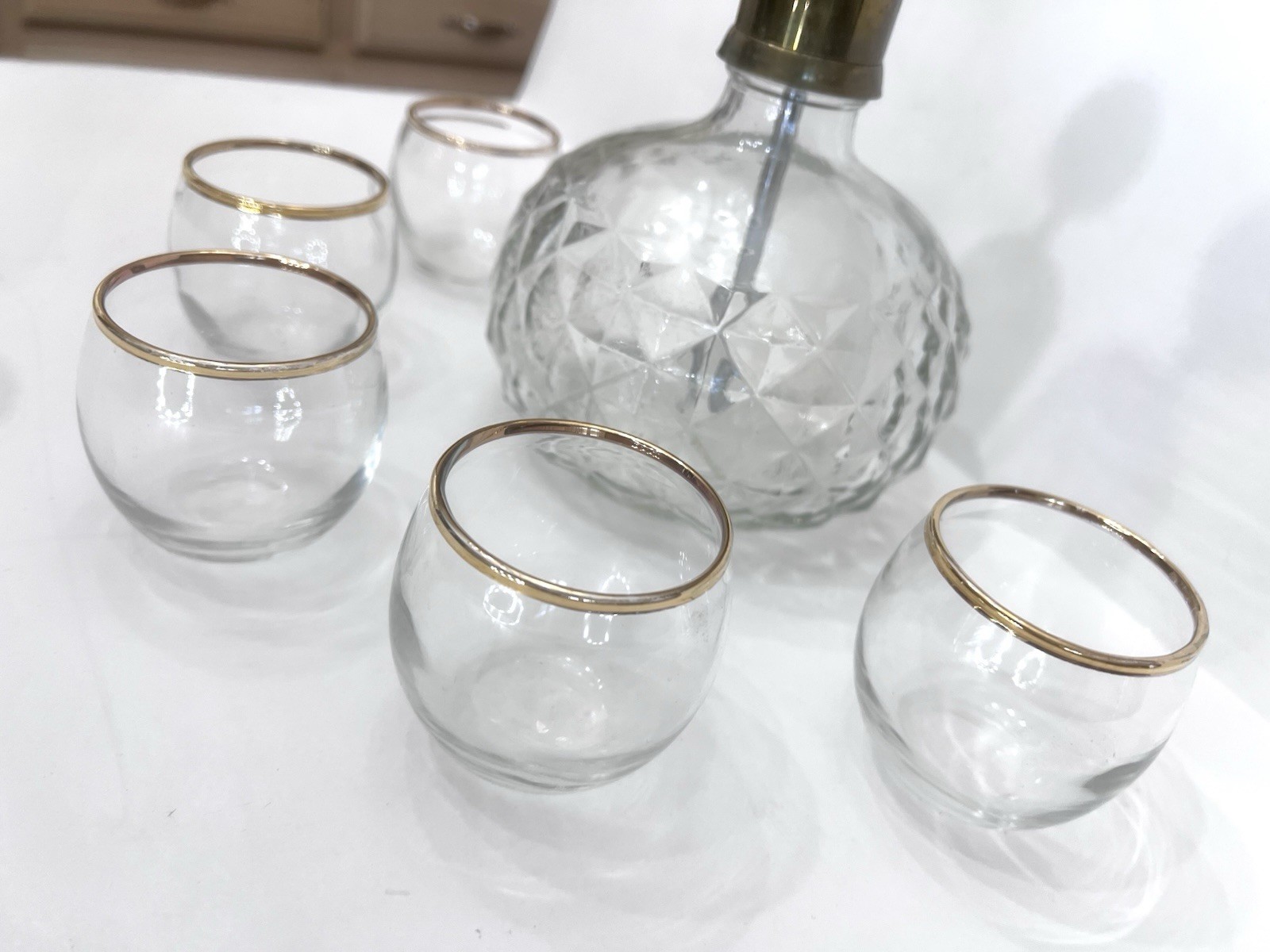 Vintage Park Sherman Liquor Dispenser Set with Brass Pump and 6 Gold Rim Glasses