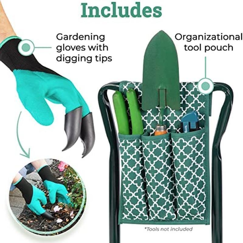 Folding Garden Stool Metal Frame Rectangular Cushion W/ Side Tool Pouch & Gloves