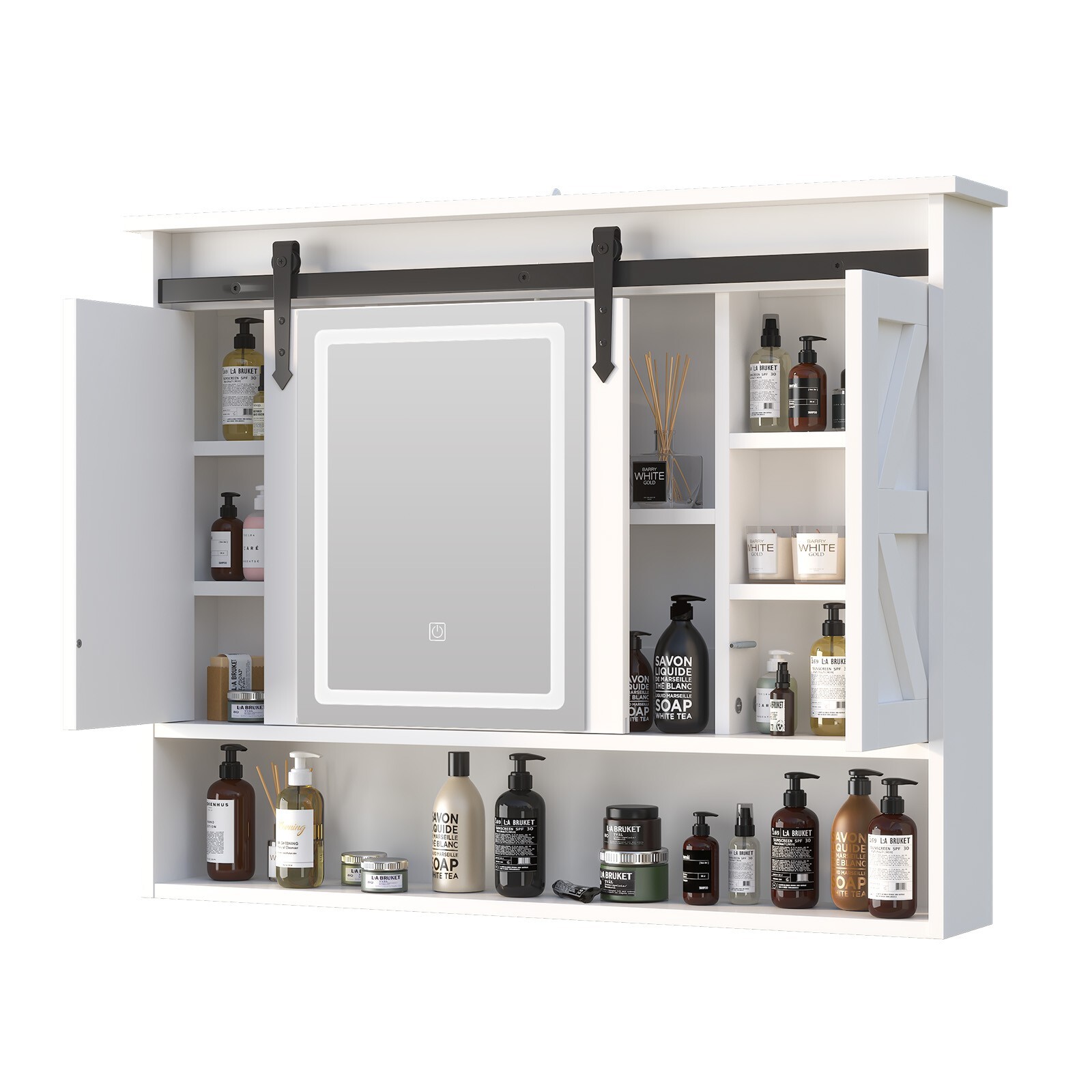 LED Medicine Cabinet Mirror Bathroom Wall Cabinet w/Lights and Sliding Barn Door