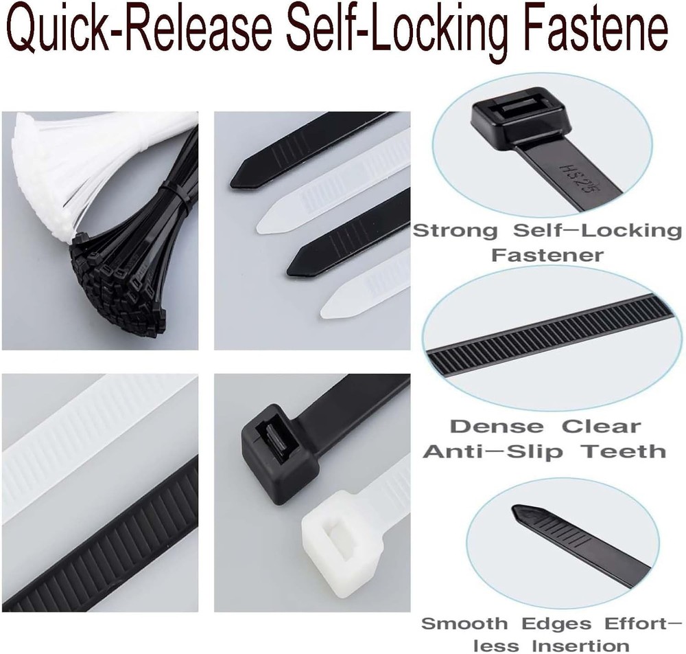 Cable Ties Assorted 300PK, LANGTSA Nylon White