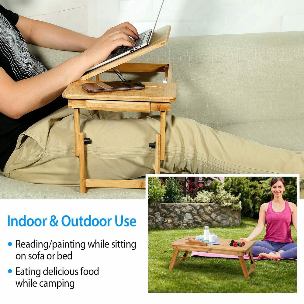 Bamboo Folding Laptop Computer Notebook Table Bed Desk Bed Tray Adjustable Stand