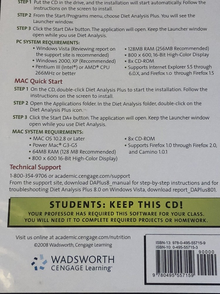 Diet Data Analysis Plus + Version 8.0.1 CD-ROM Windows Mac XP Vista 7 Wadsworth