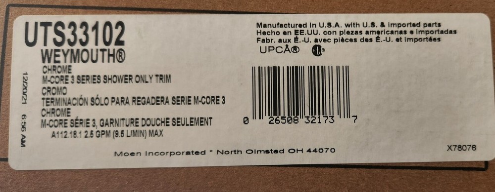 Moen UTS33102 Weymouth Multi Function Pressure Balanced Valve Trim, Chrome