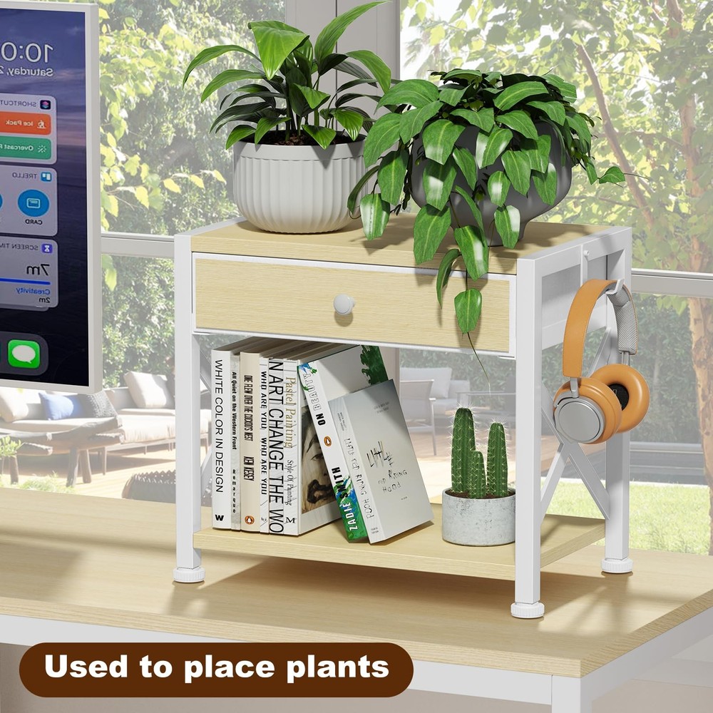 2-Tier Desktop Printer Stand Large Drawer Under Desk Storage Wheels Beige