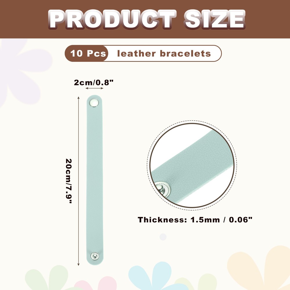 10 Pcs Plain Leather Bracelets Leather Snap Bracelets (Blue, 7.9"x0.8")
