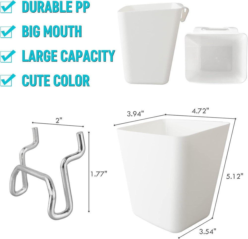 Large Pegboard Cups Peg Board Storage Bin 6 Pack with Hooks, Square Box Shape Pe