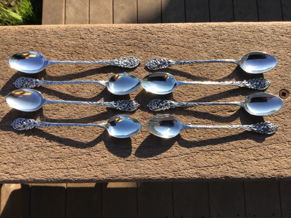 800 SILVER DEMITASSE SPOONS REPOUSSE PATTERN SET (8) LONG STYLE