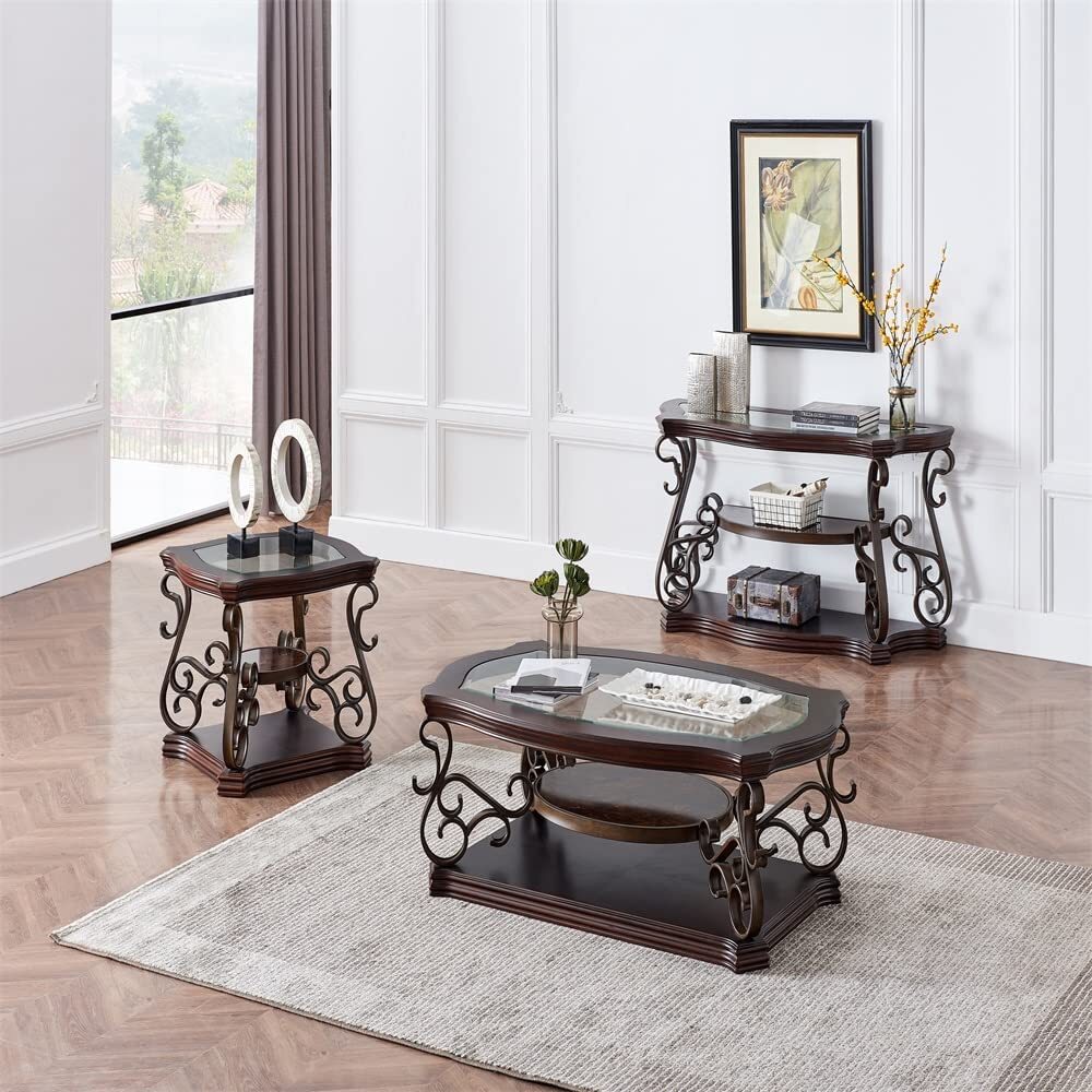 Console Table Glass Table Top Sofa Table End Table w/ Storage Shelf Living Room