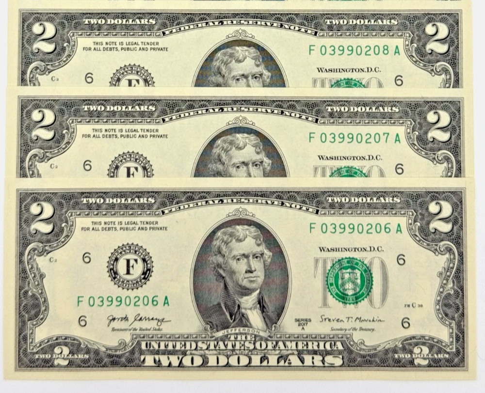 Uncirculated Two Dollar Bills Sequential Serial Numbers Lot of 3 $2 Notes