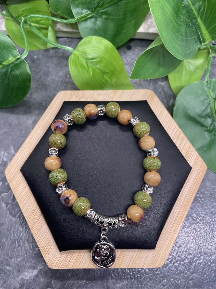 Handmade Ceramic Bead Beaded Stackable 6.25” Plus Stretch Bracelet New B205