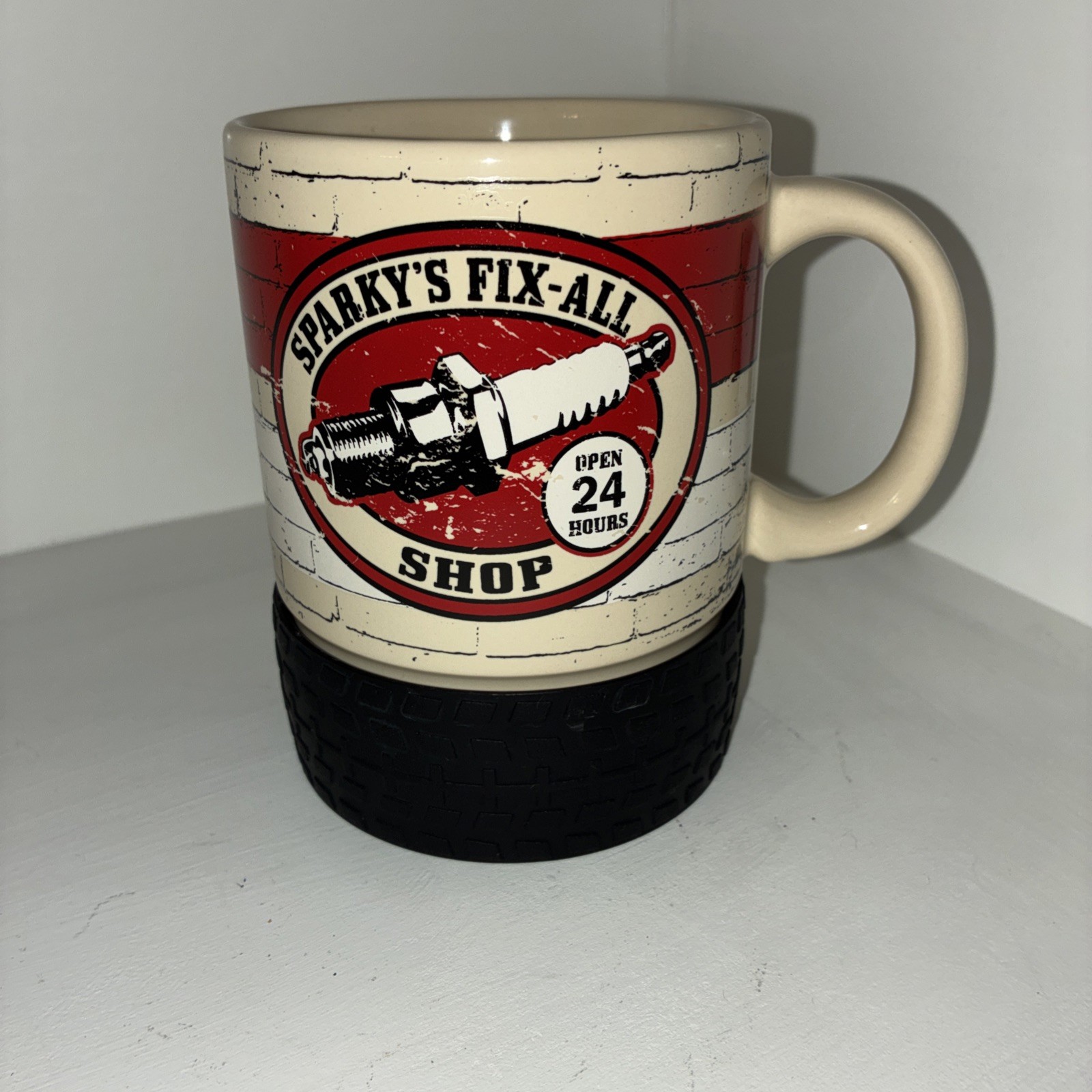Sparky’s Fix-All Shop Large Coffee Mug Cup Rubber Tire Bottom Open 24 Hours Nice