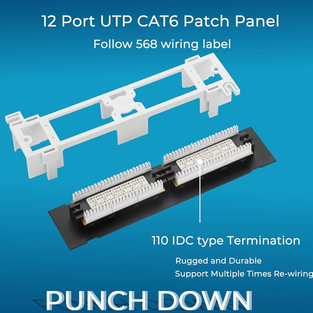 Cat6 Patch Panel 12 Port 10G Network Wallmount 1U Ethernet Punch Down Block