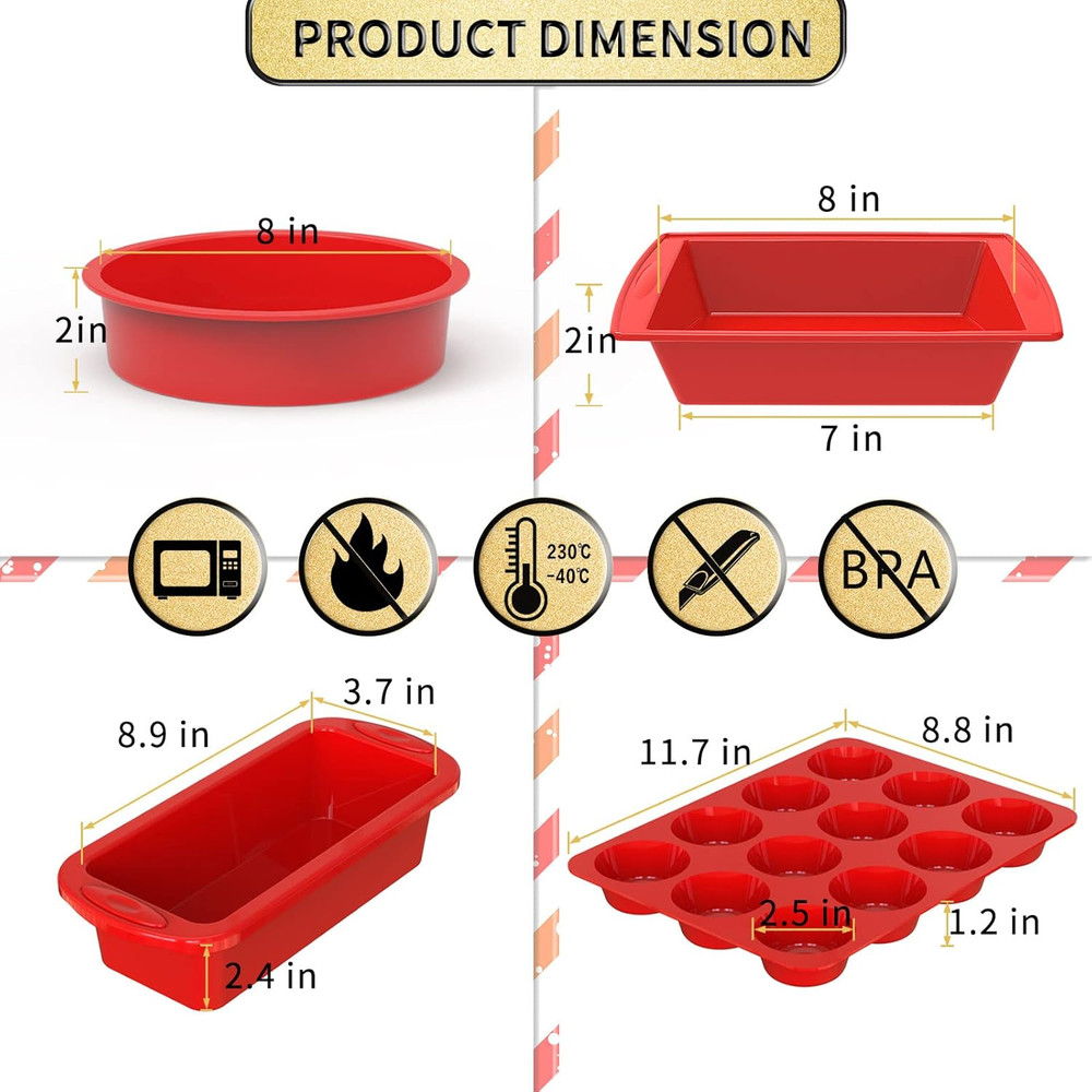 5-Piece Silicone Baking Pans Sets - Nonstick Silicone Bakeware Set with Bread Lo