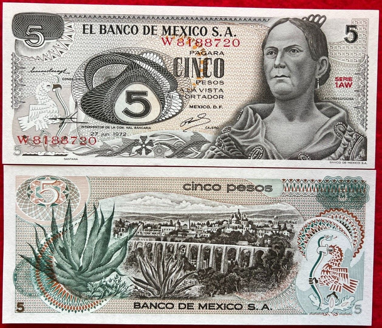 Mexico Banknote 5 Pesos La Corregidora Queretaro Billete UNC Mix Year Banknote