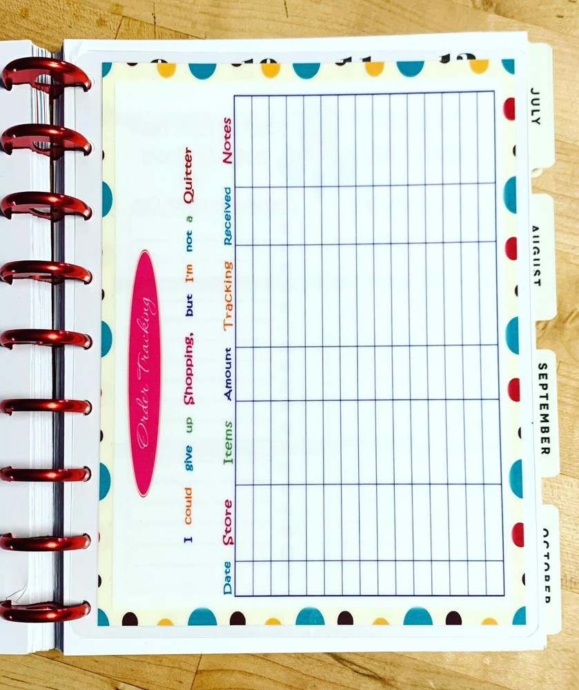 Shopping Order Tracker Dashboard Insert for use with Classic HAPPY Planner