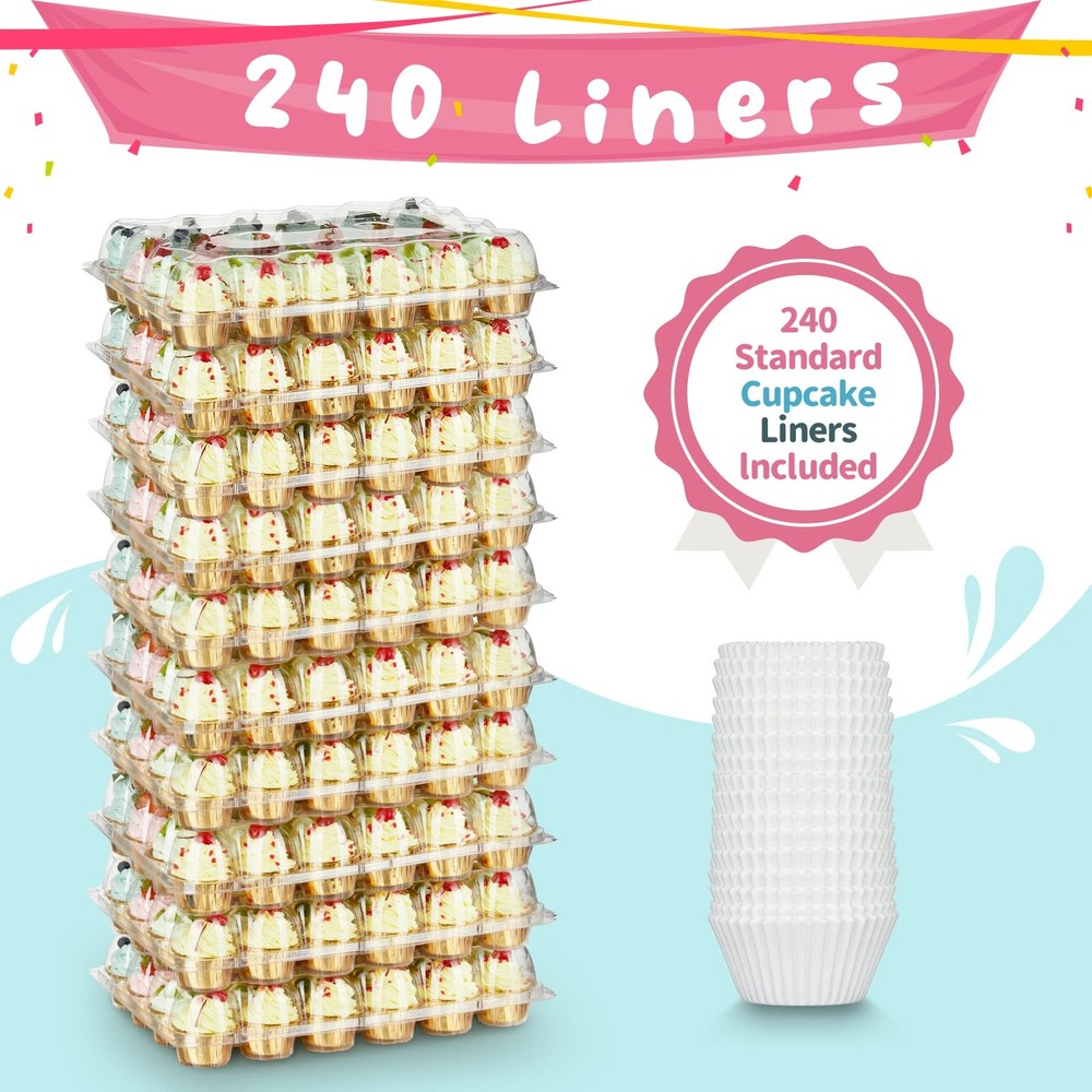 (24 Pack x 10 Sets) Stackable Cupcake Carrier Holders with 240 Pack Cupcake L...