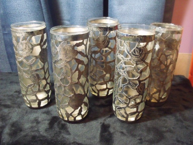 5 Vtg Mexican Filigree Tumbler Glass  Sterling Silver Openwork Rose Pattern 7"