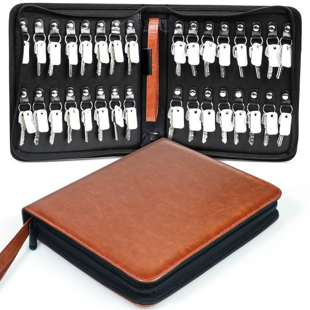 Portable Zippered Key Case, Leather Key Organizer with Handle, 32 Key Capacit...