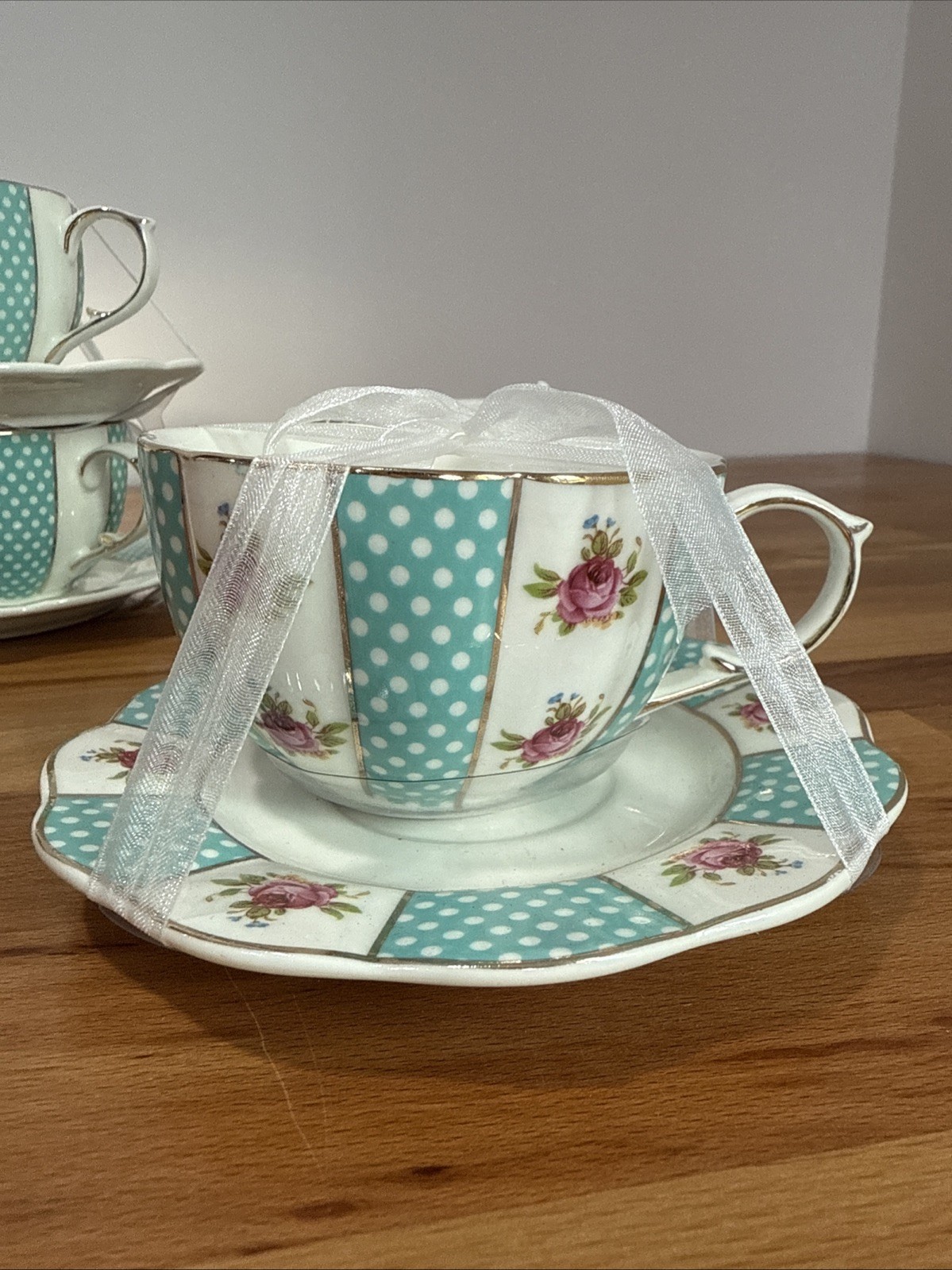 Elegance Porcelain Teal & White Teacup and Saucer With Gold & Flowers Set Of 4