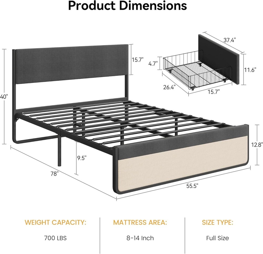 Full Size Bed Frame Headboard Platform Bed Frame Metal Slats Support & 2 Drawers