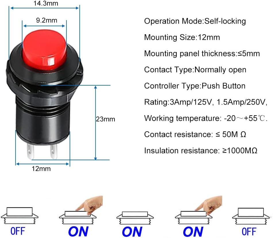 24pcs 12mm Latching Push Button Switch SPST ON/OFF AC 250V/1.5A