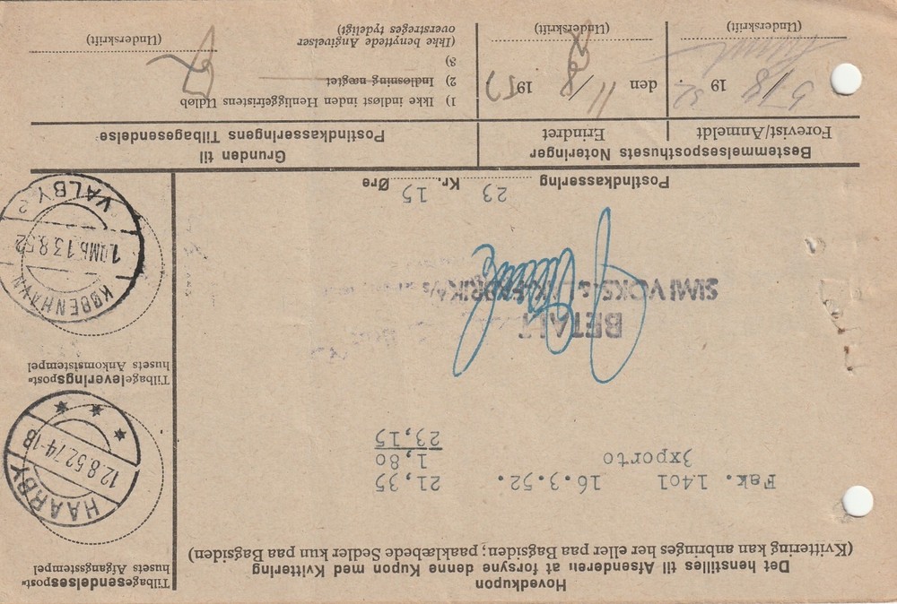 DENMARK: Postal form for giro payment 1957.