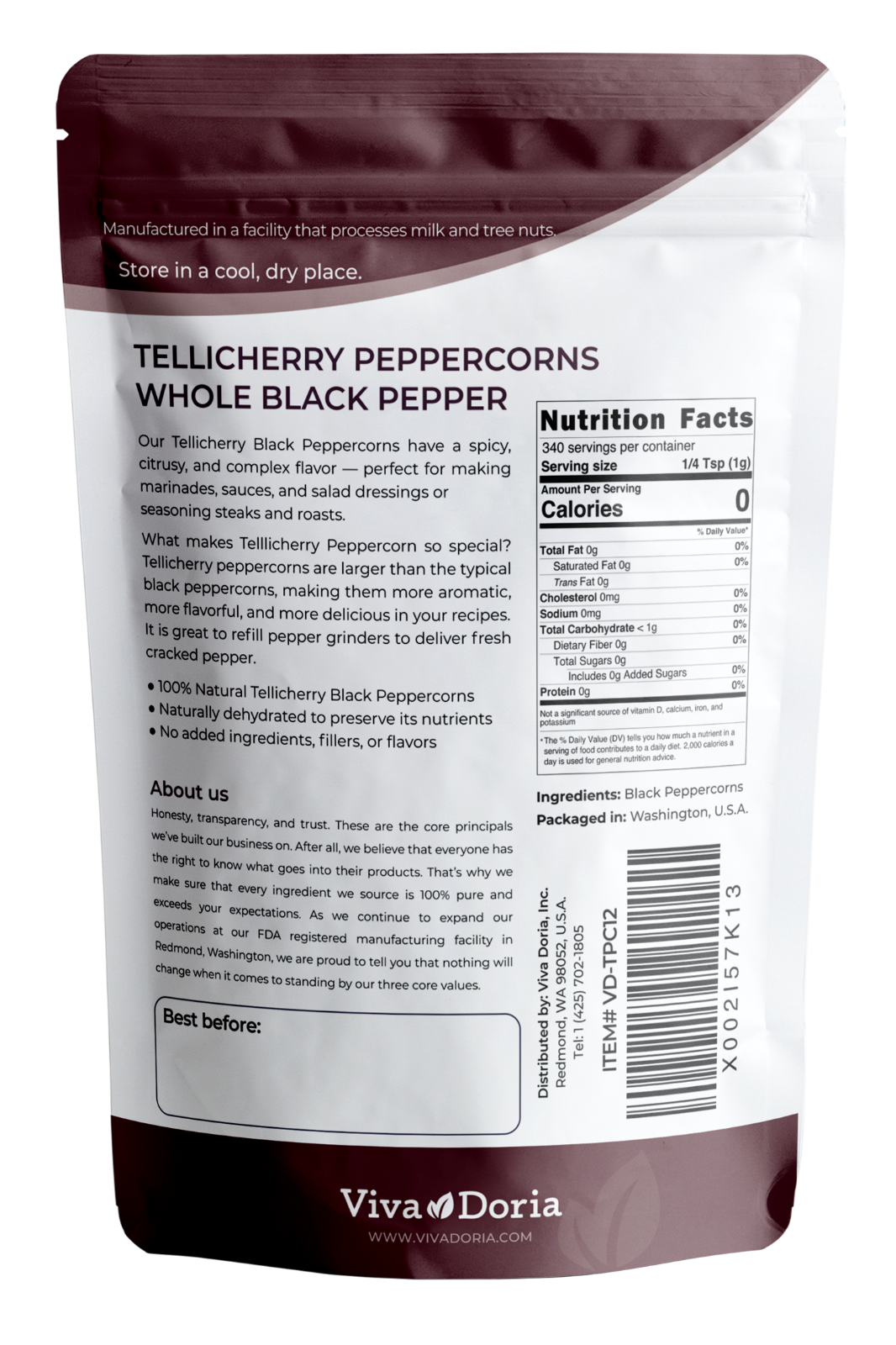 Viva Doria Tellicherry Peppercorn (Whole Black Pepper) for Grinder Refill, 12 oz