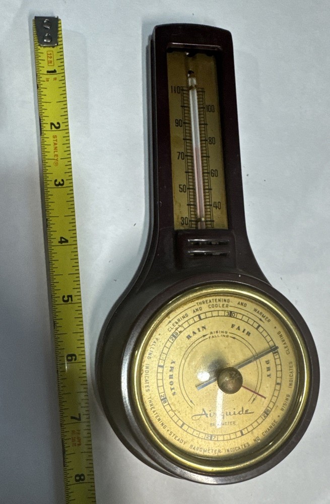 Vintage Airguide 8" Brown Bakelite Wallmount Barometer Thermometer