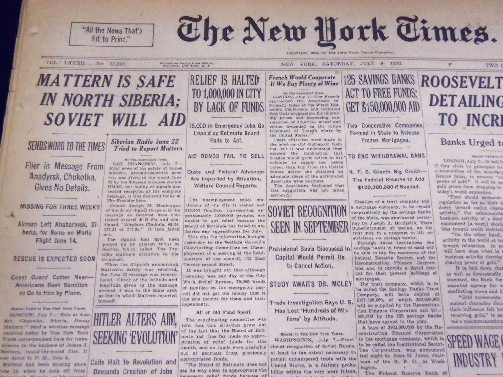 1933 JULY 8 NEW YORK TIMES - MATTERN SAFE IN SIBERIA - NT 3864
