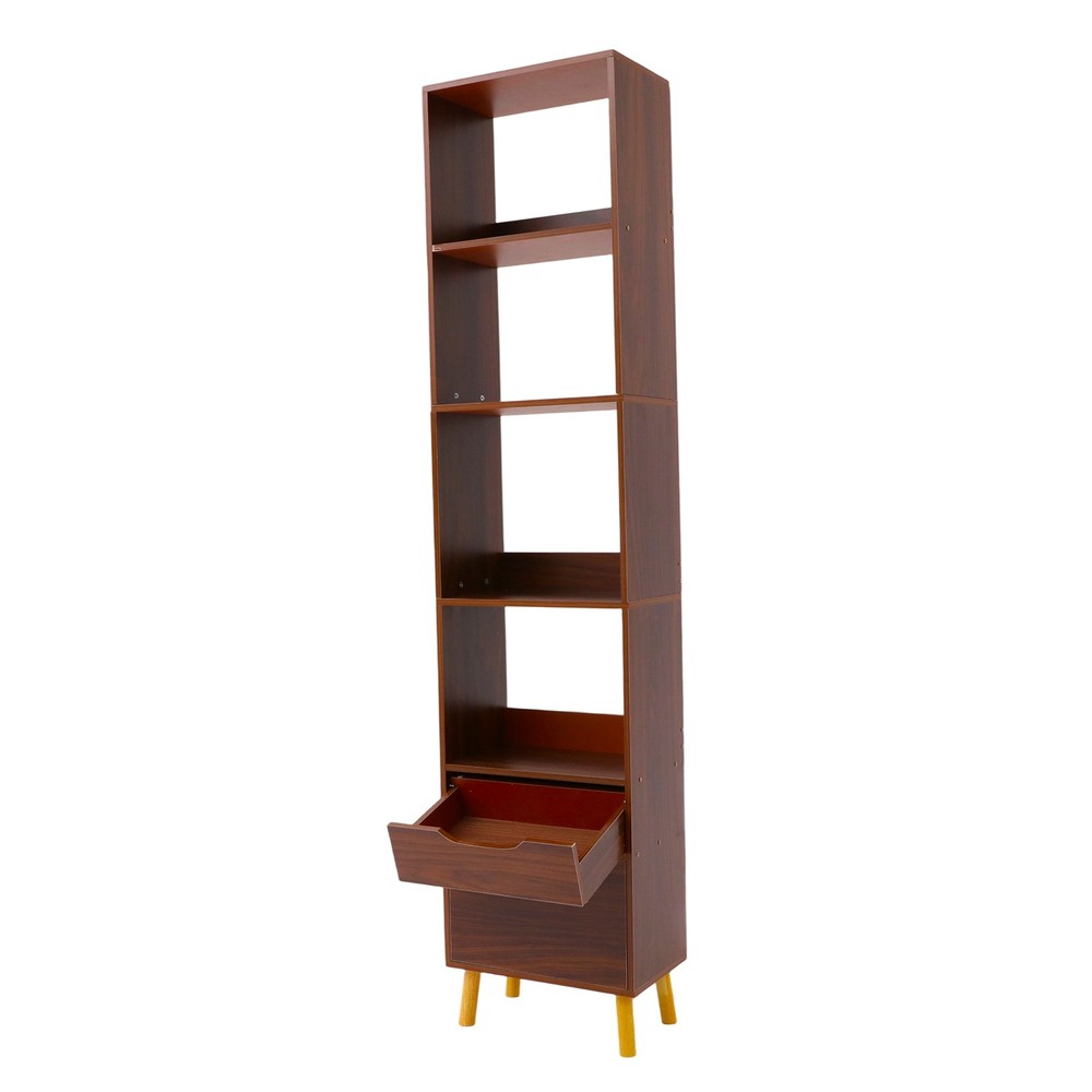 Walnut Standing Storage Shelf Freestanding Storage Rack Tall Open Bookshelf