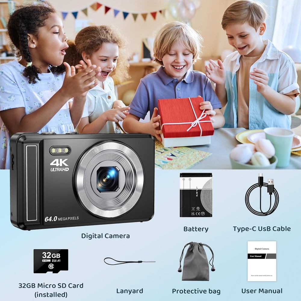 Digital Camera 4K 64MP Digital Camera with 32G SD Card Autofocus Vlogging Camera