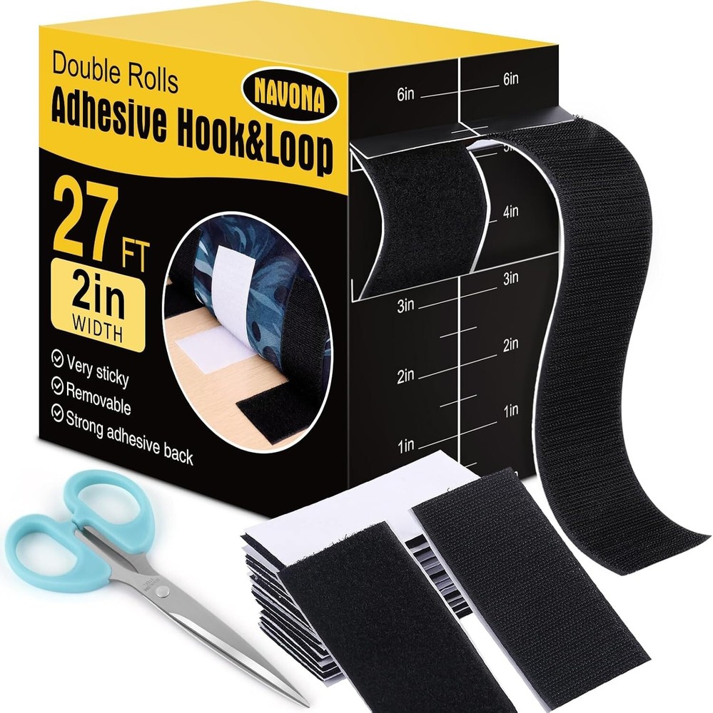 Strong Adhesive Nylon Hook and Loop Strips, 27Ft Black Tape Set with Scissors