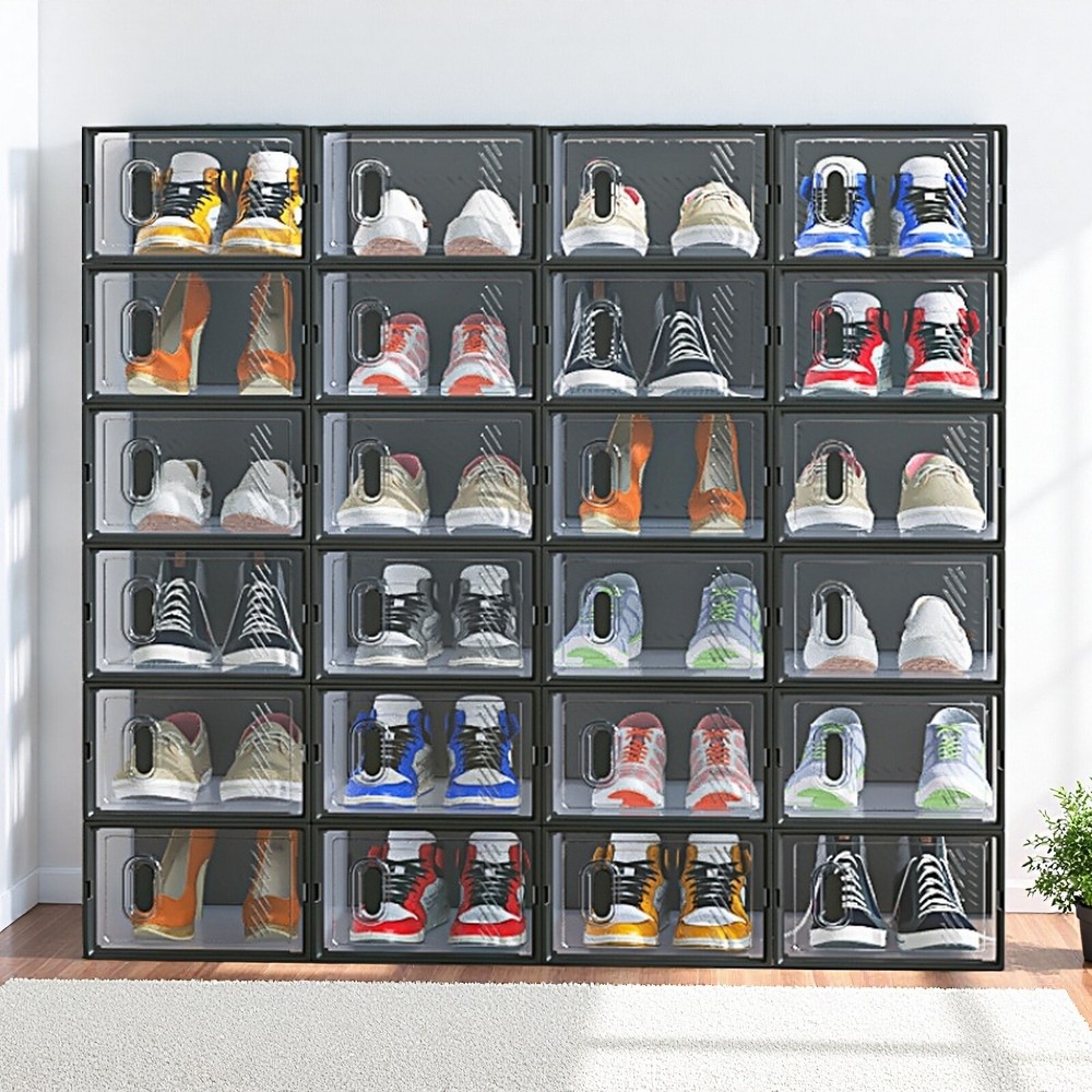 24-Pack Shoe Storage Boxes - Stackable, Door, Plastic Mesh, Black & Small Size
