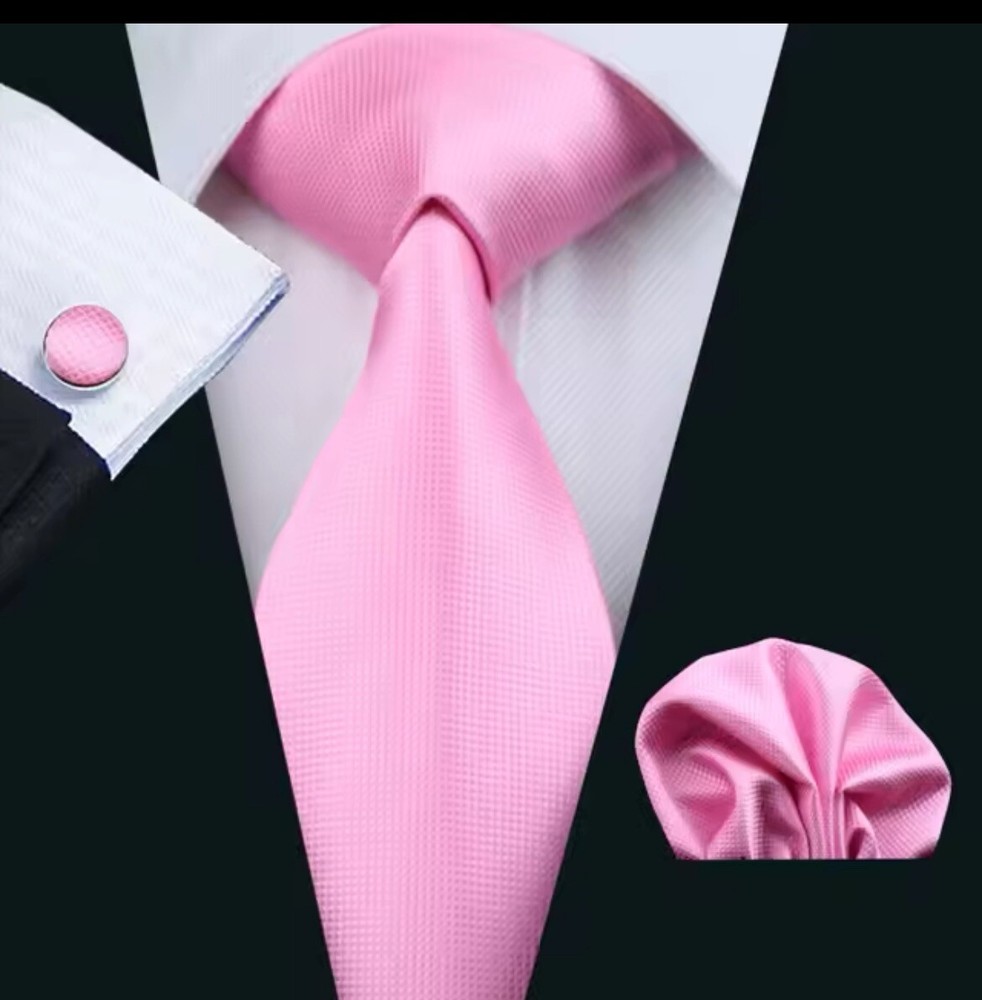 Pink Tie With Cuff Link And Pocket Square