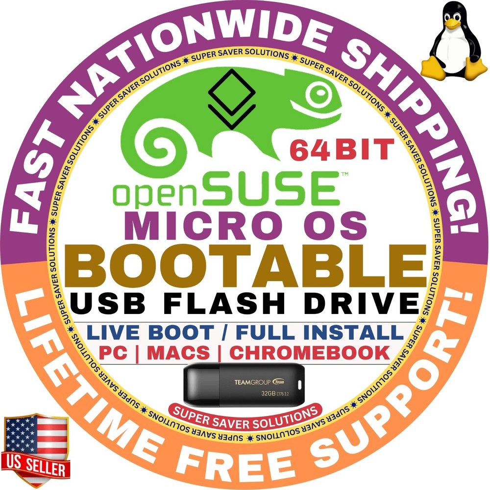 OpenSUSE MICRO LINUX OS Bootable USB Live Boot, Installer 64-Bit | Mac/PC