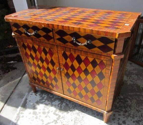 Classic Focal Statement Harlequin Deco Style Diamond Pattern Cabinet (Needs TLC)