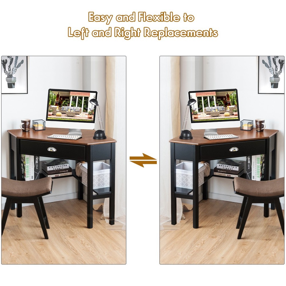 Corner Computer Desk Laptop Study Table Workstation W/ Drawer & Shelves Brown
