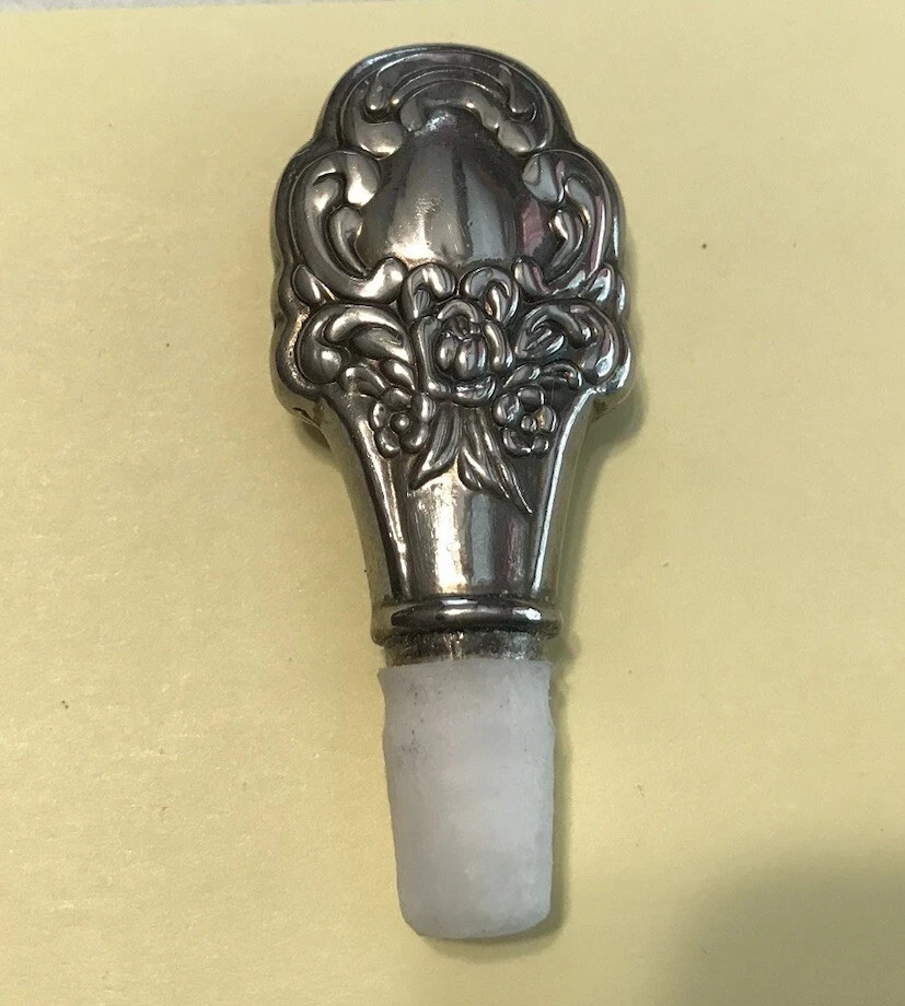 VTG Silver Plated Perfume Bottle Stopper - Ornate Floral Pattern