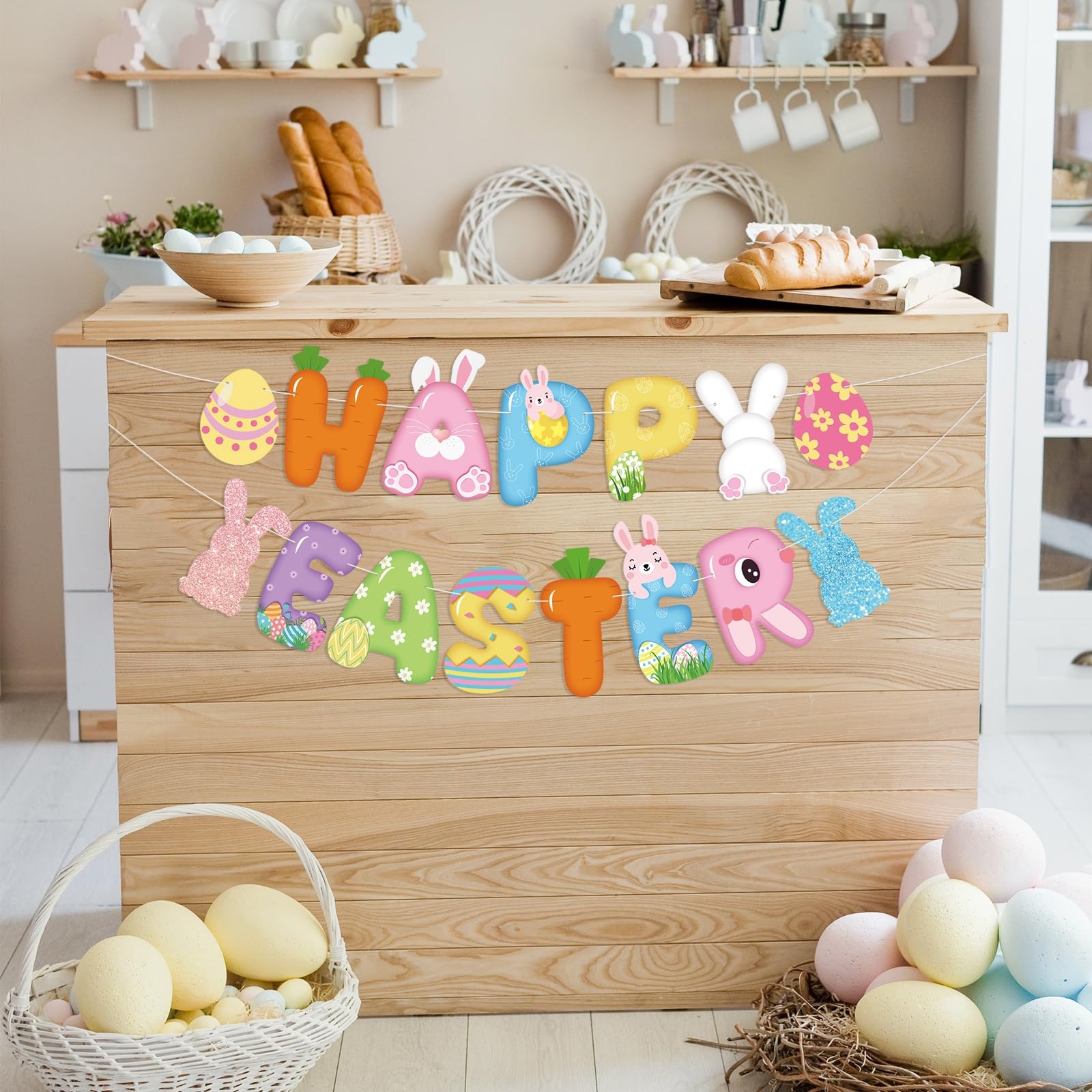Happy Easter Banner Sign Bunny Eggs For Spring Party Outdoor Porch Decor Art