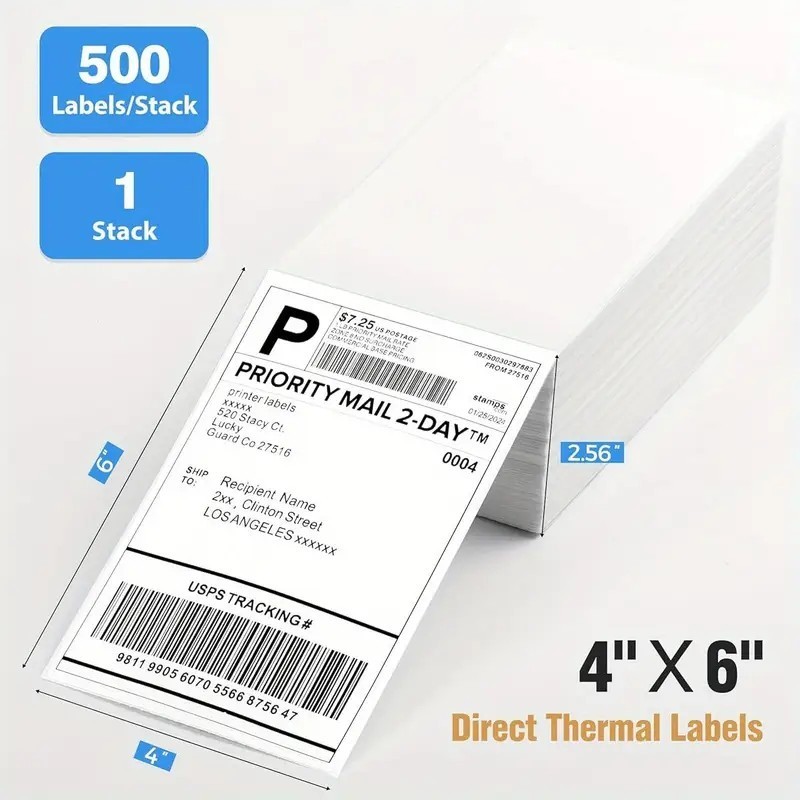 500 4"x6" Fanfold Direct Thermal Shipping Labels for Zebra and Rollo Printers US